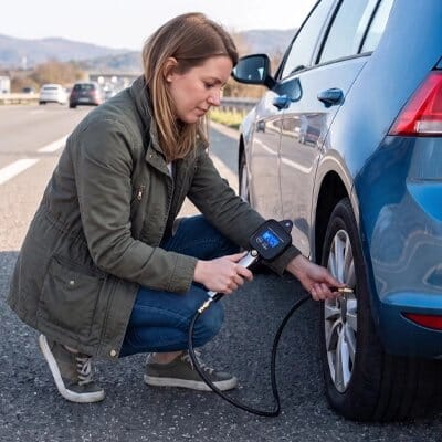 manometre pression des pneus femme voiture bleu