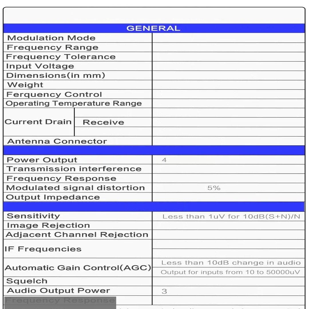 RADIOS CB CAPTAIN tableau specifications radio cb