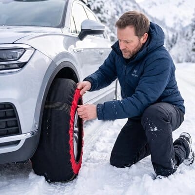 Chaussette neige voiture​ homme a genoux